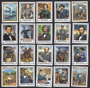 United States #2975a-t 32¢ Civil War (1995). Twenty singles. MNH