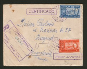 VENEZUELA TO YUGOSLAVIA-TRAVELD REGISTERD LETTER-AIRMAIL STAMPS-PLANE-1960.