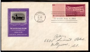 US 858 1939 Washington/50th anniv of statehood on an addressed FDC with a Olympia, WA cancel and an Ioor cachet