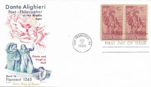 1965 FDC, #1268, 5c Dante Alighieri, Jackson, pair