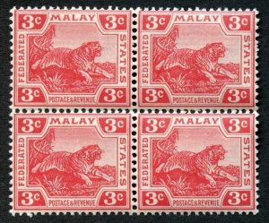 Malay SG34b 3c Scarlet wmk Mult crown sideways U/M Block Cat 152 pounds