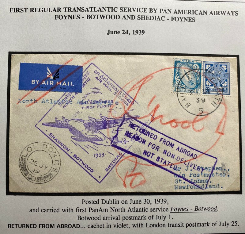 1939 Dublin Ireland First Flight Airmail Cover To St Jons Newfoundland PAA