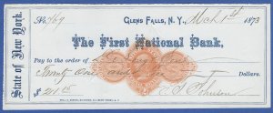 US 1873 2c Used Bank Check, Sc RN-D1, First National Bank of Glens Falls, NY