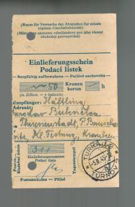 1945 Turnov Germany to Theresienstadt Ghetto Money Order receipt to prisoner