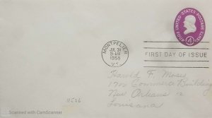 US, FDC  UNITED STATES POSTAGE 4 C, EMBOSSED ENVELOPE   1958 MONTPELIER , VT  