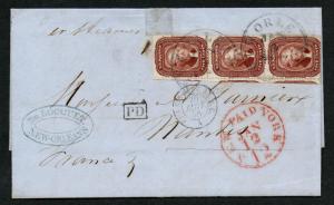 US Scott #28 Strip of 3 New Orleans Nantes France Jan 5, 1858 ex. Skinner Cover