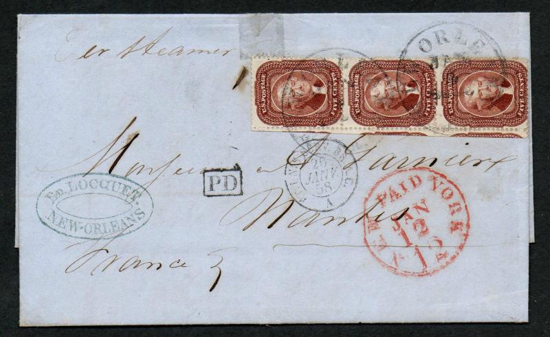 US Scott #28 Strip of 3 New Orleans Nantes France Jan 5, 1858 ex. Skinner Cover