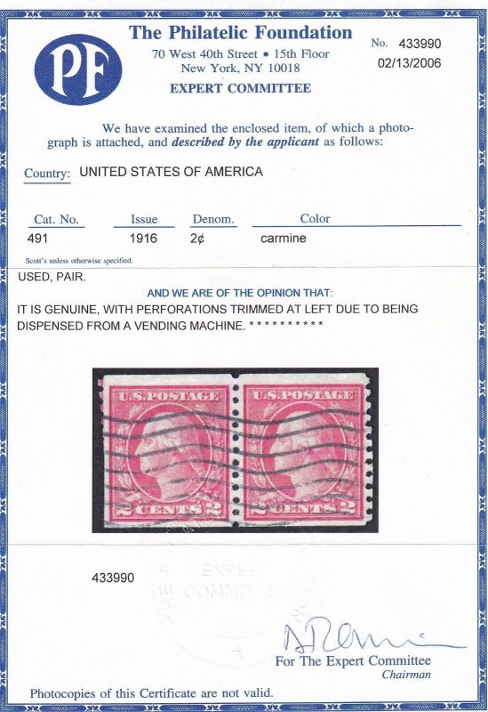 491 Pair Rare ! with PF cert. VF used neat cancel with nice color ! see pic !