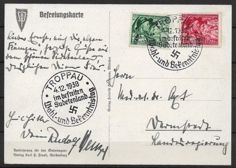 German Empire: 1938 Propaganda Card Sudetenland with Troppau Spec. Cancellations