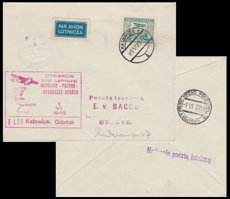 POLOGNE / POLAND 1929 (June 1) SCARCE 1st Air Mail Flight Cover KATOWICE-GDANSK