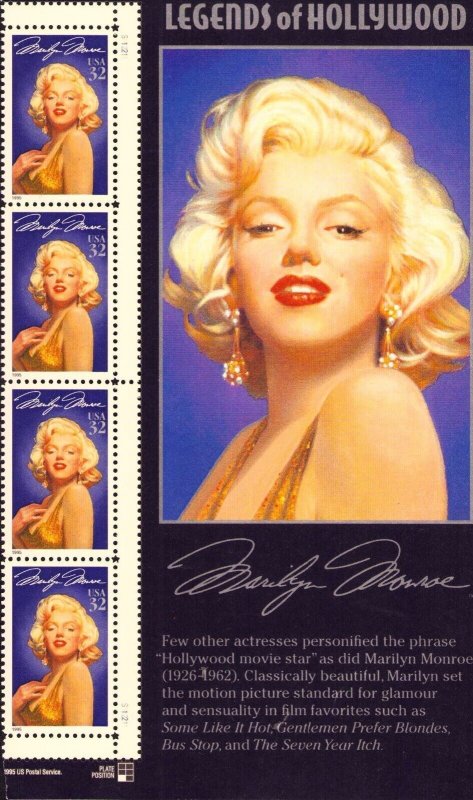 US 2967 Marilyn Monroe, Legends of Hollywood, Plate # 112211, Mint NH
