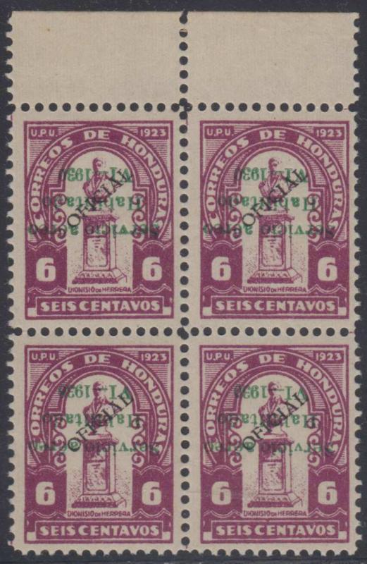 HONDURAS 1930 AIRPOST Sc Unlisted Yv PA23 San 62a BLOCKx4 INVERTED OVPT MNH €480 