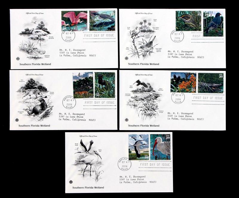 US #4099a-j ADDRESSED ARTCRAFT FDC Set of 5 Southern Florida Wetland 2006