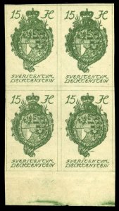 Liechtenstein #20P, 1910 15h imperf. trial color proof in green, bottom margi...