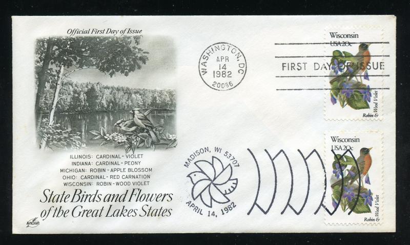 US 2001 State Birds & Flowers - Wisconsin UA ArtCraft FDC, Dual ST & DC Cancels