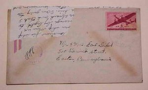 US  LETTER USS PAWNEE RETURN ADDRESS TORN OFF CENSORED 1945 AUG 22