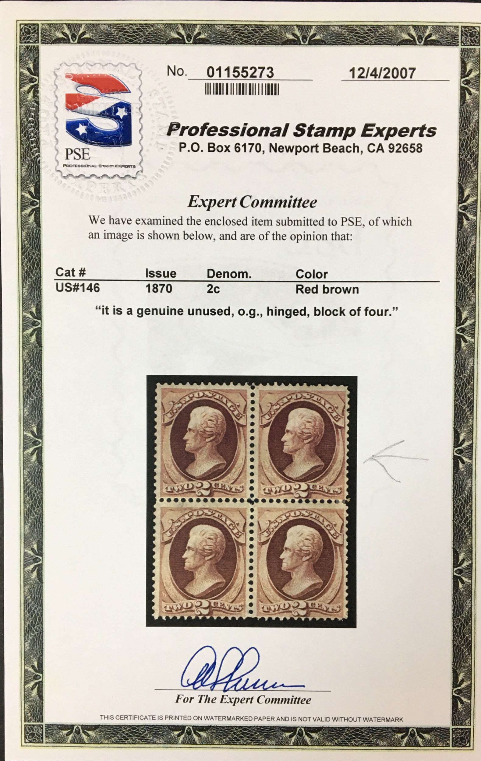 US Stamps # 146 Single Mint OG H $350 **** PSE Cert for Block **** LOT ...