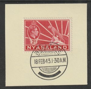 NYASALAND 1938 JG6 LEOPARD  2d carmine  on piece with MADAME JOSEPH  POSTMARK