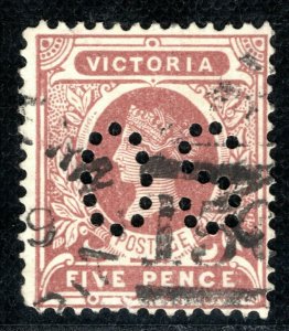 Australia States VICTORIA QV Official Stamp 5d *OS* PERFIN Duplex YELLOW312