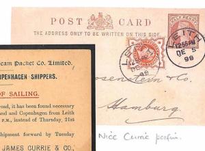 GB ADVERT STATIONERY 1899 CURRIE Perfin Jubilee Leith Maritime Card Hamburg M85c
