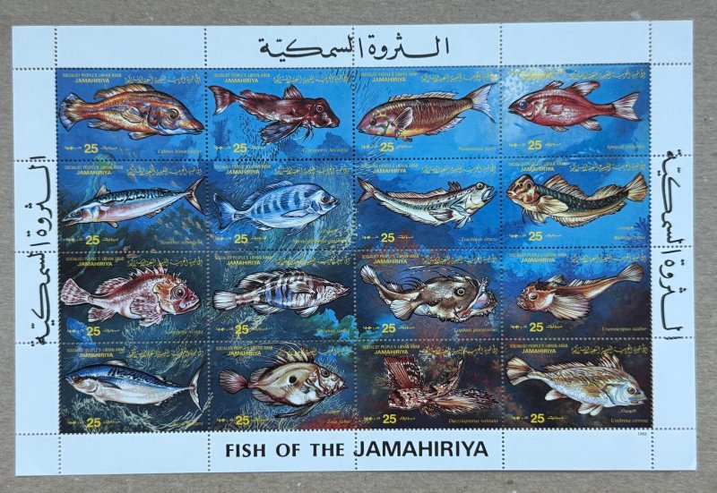 Libya 1983 Fish sheet of 16, MNH. Scott 1107, CV $10.00
