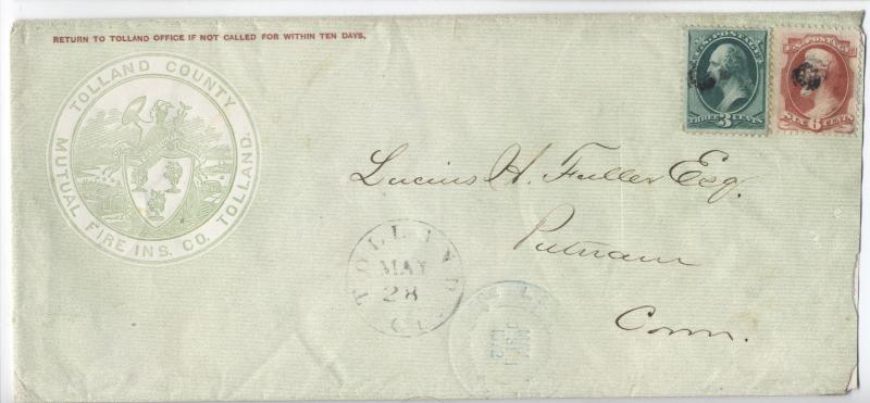 1872 6ct and 3ct banknote note 3x rate cover Tolland CT ad cover [y2078]