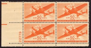 US Stamp #C31 Plate Block 50c Orange Transport Plane MINT NH SCV $47.50