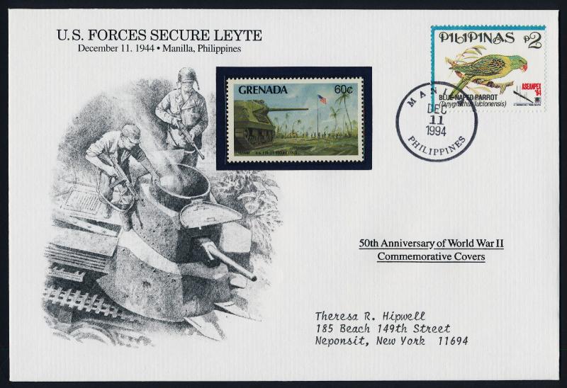 Philippines 2333a + Grenada 1834 on cover - WWII, Birds, US Forces secure Leyte