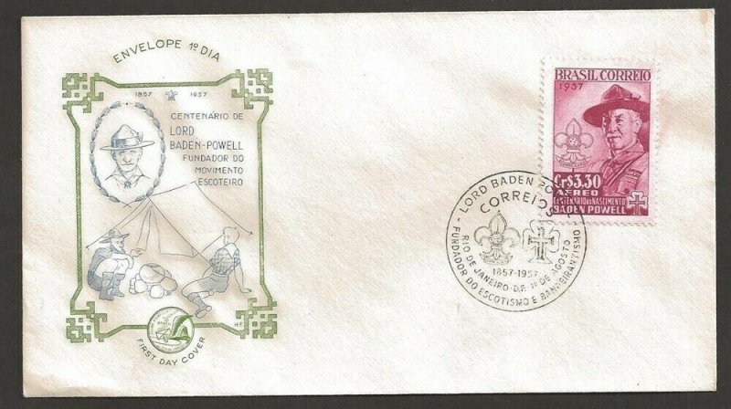 1957 Brazil Boy Scout C87 FDC Baden Powell Centenario Rio de Janeiro