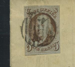 Scott #1 Franklin Imperf Used Stamp on  Interesting 1851 Cover (#1-Cvr 23)