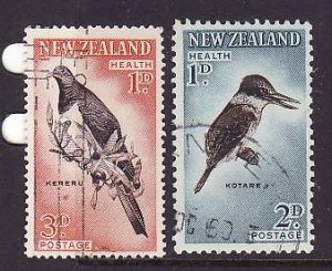 New Zealand-Sc#B59-60-used semi-postal set-Birds-Kingfisher-Pigeon--1960-