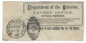 US 1889 OFFICIAL LABEL OF THE DEPARTMENT OF THE INTERIOR PATENT OFFICE