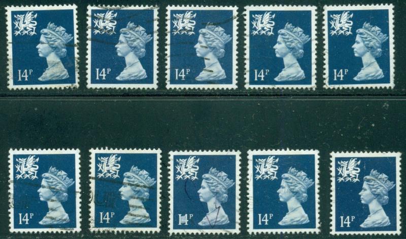 GREAT BRITAIN WALES SG-W40, SCOTT # WMMH24, USED, 10 STAMPS, GREAT PRICE