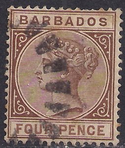 Barbados 1882 - 86 QV 4d Deep Brown used SG 99 ( J357 )