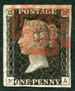 Penny Black (MA) Plate 10 Cat £1,500 Fine Four Margins RED CROSS