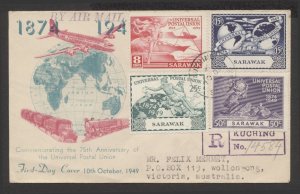 Sarawak 1949 UPU illustrated registered First Day Cover to Australia