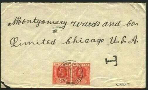 NIGERIA 1924 cover WARRI to USA -  local Warri T tax mark..................96137