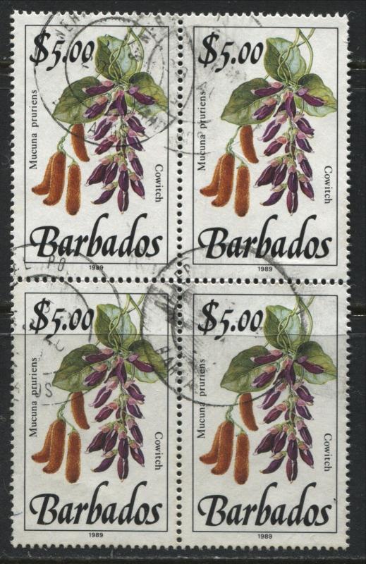 Barbados 1989 Flowers $5 in a used block of 4