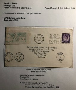 1959 London England Postage Due Cover To New York Usa Perfin Stamp