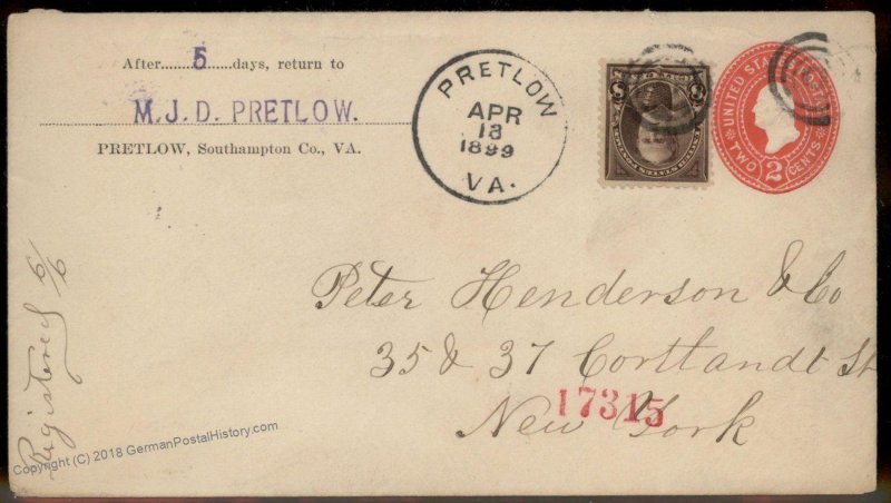 Virginia 1899 Pretlow VA DPO Helbock R5 Registered Cover NYC 92427