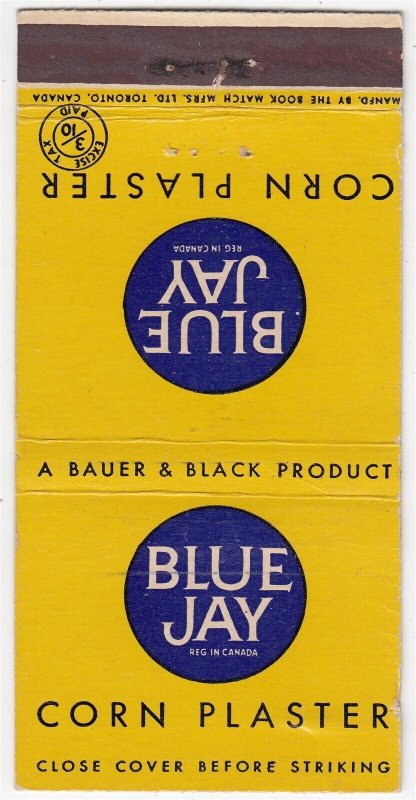 Canada Revenue 3/10¢ Excise Tax Matchbook BLUE JAY CORN PLASTER