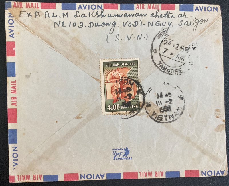 1958 Saigon Vietnam Airmail Cover To Karanad Indian Via Calcutta Madras