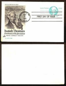 FIRST DAY COVER #UY32 Isaiah Thomas 12c Post & Reply Card ARTCRAFT U/A FDC 1981