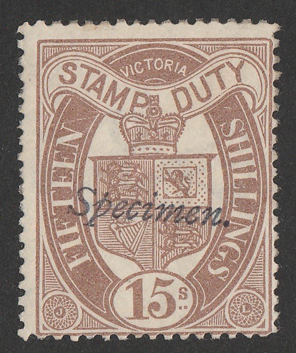 VICTORIA : 1884 Crown Arms 15/- purple-brown Stamp Duty Postal Fiscal, Specimen