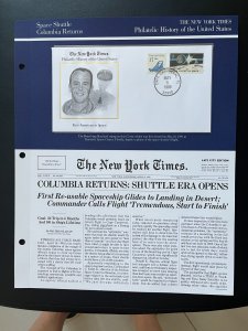 NY times Philatelic history of US panel:  Space shuttle Columbia returns