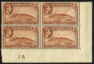 Gibraltar SG122 KGVI 1d yellow-brown Perf 14 U/M Cat 120+ pounds Plate Block