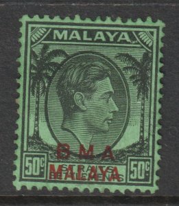Malaya Straits Setts Scott 267 - SG14a, 1945 BMA Overprint 50c Die I MH*