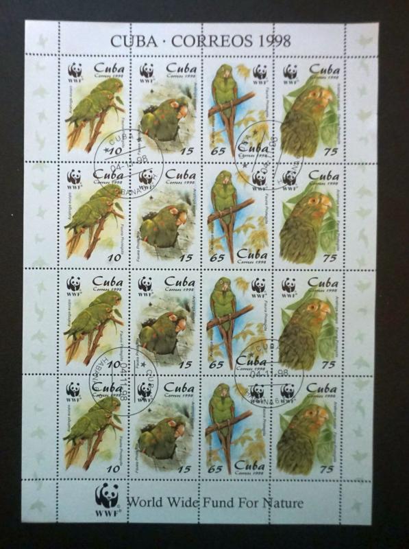 Cuba Sc# 3961-3964  WORLD WILDLIFE FUND Sheetlet of 16 PARROT stamps  1998  used