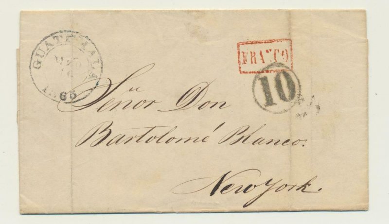 GUATAMALA 1865 LETTER, Sta CRUZ TO NEW YORK, 10 H/S, FRANCO, 