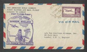 1947 FAM 18-51b KARACHI INDIA TO LONDON W/14 ANNAS #161A PAN AM IST FLT